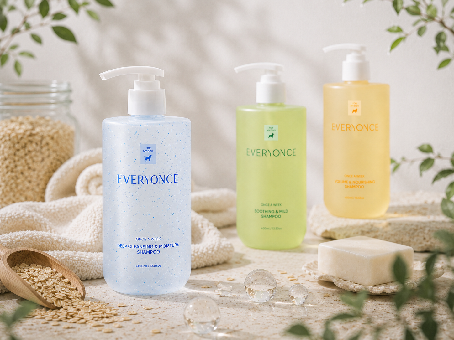 Everyonce dog shampoo range — Deep Cleansing, Soothing & Mild, Volume & Nourishing