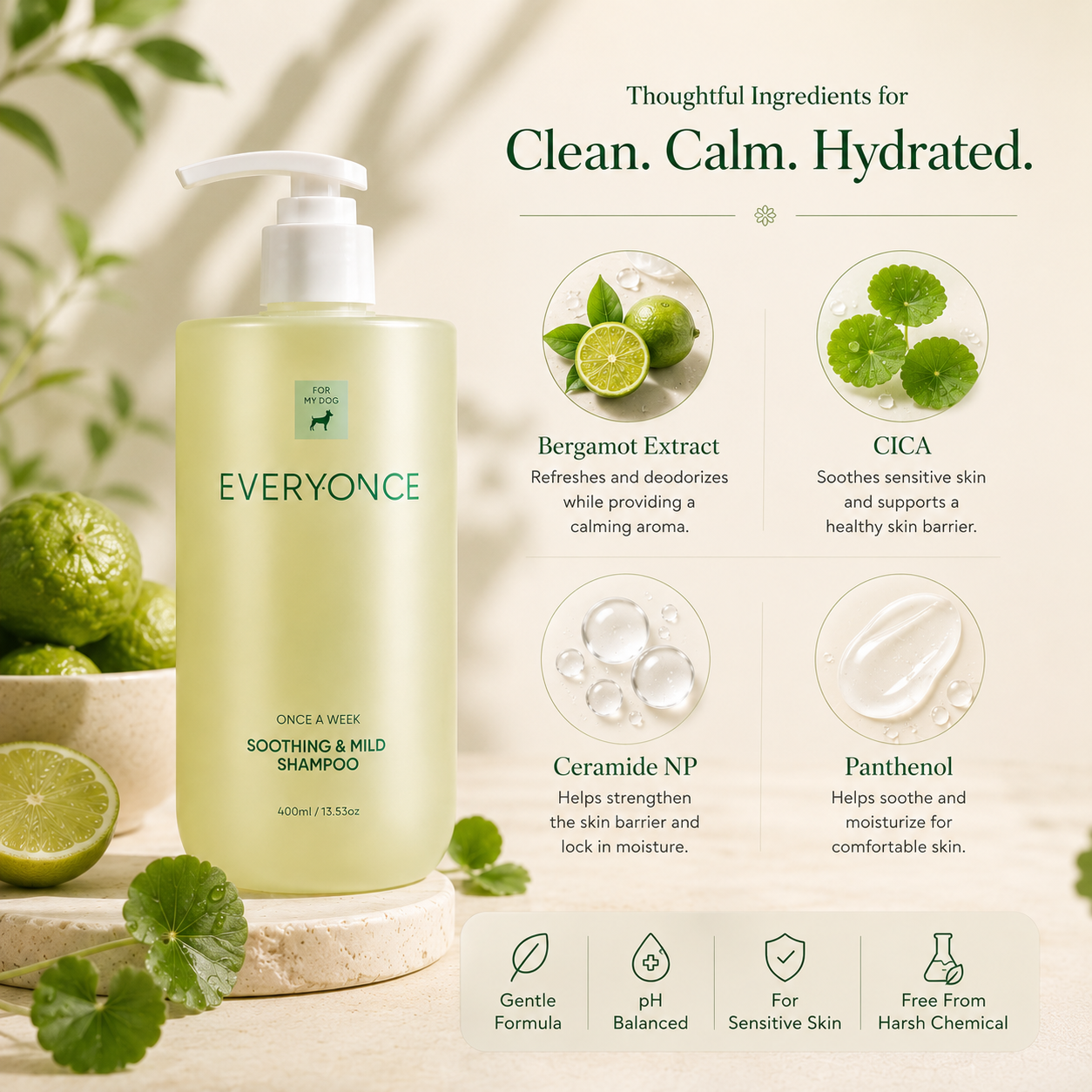 Key ingredients — Bergamot Extract, CICA, Ceramide NP, Panthenol