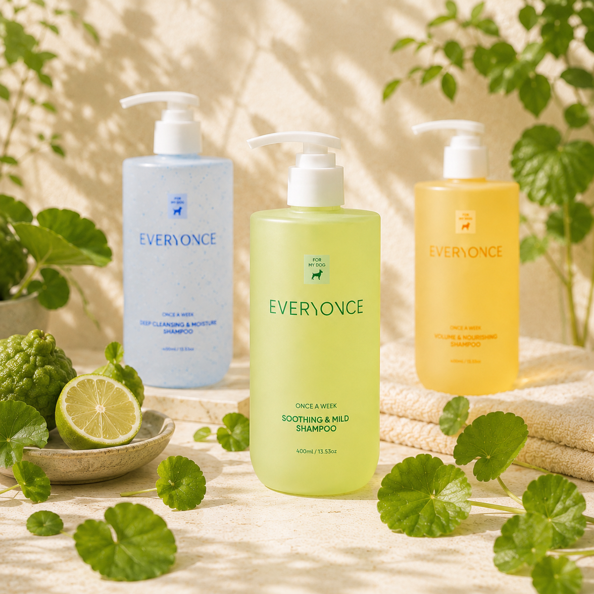 Everyonce dog shampoo range — Soothing & Mild, Deep Cleansing, Volume & Nourishing